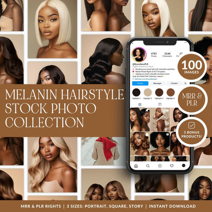 Melanin Hair Stock Photos — 100 Luxury Hairstyle Images | PLR MRR Resell Rights | Faceless Marketing | Black Women Beauty Bundle Boundless PLR