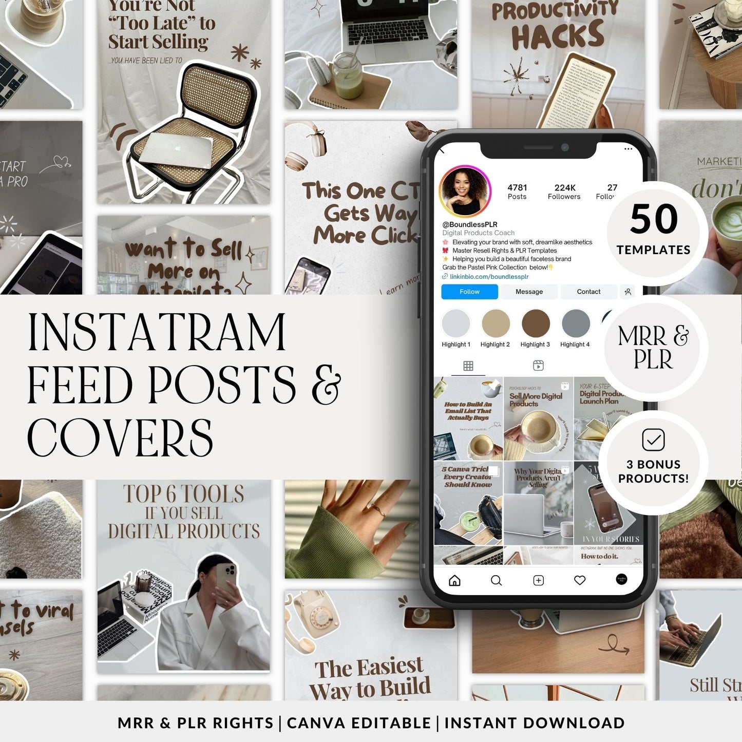 Instagram Templates Canva | Coaching Instagram | 400+ Bonus Stickers & Grid Planners | MRR + PLR Resell Rights Boundless PLR