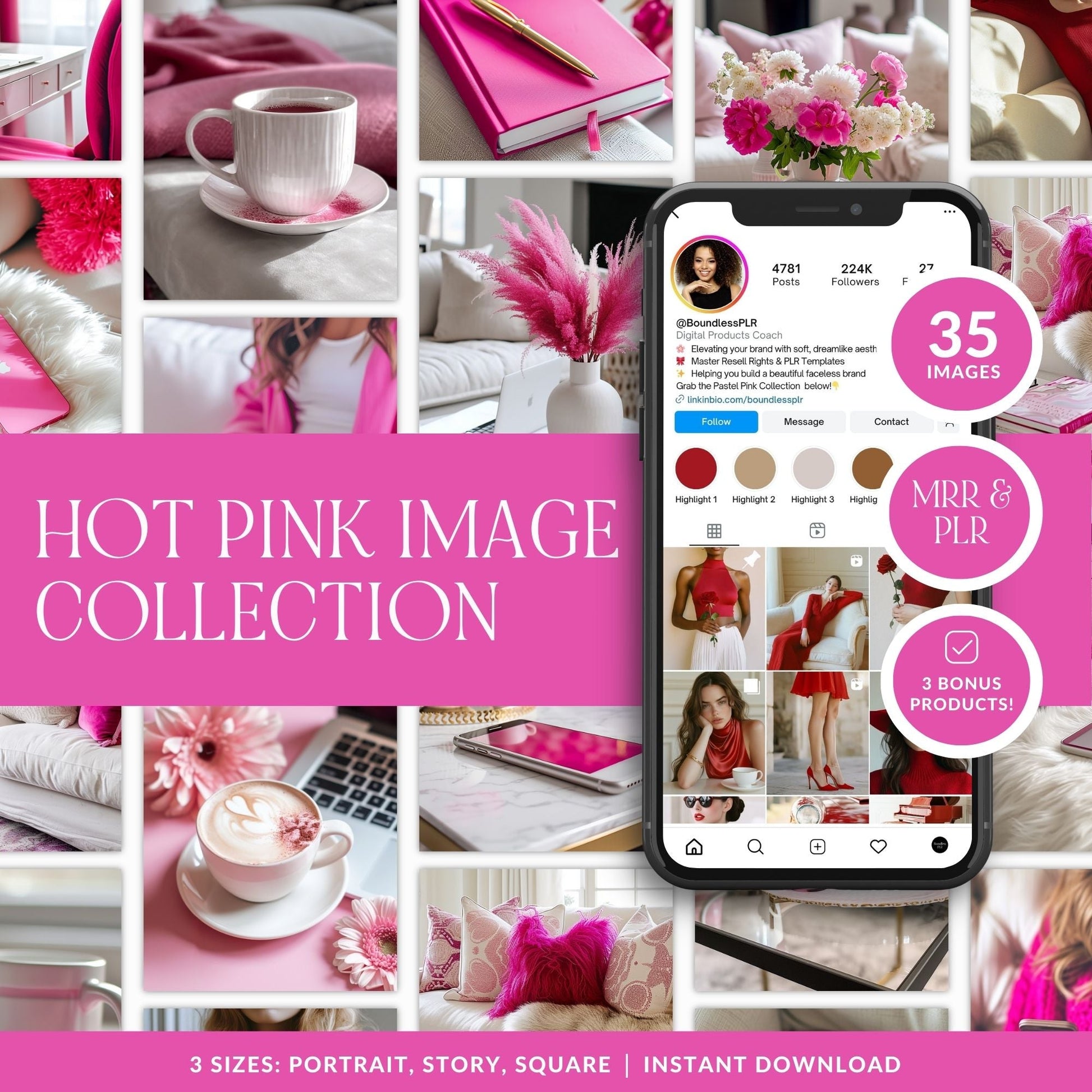 Pink Stock Photos Bundle (Hot Pink Aesthetic) | 35 Images | Canva Download | 3 Sizes Boundless PLR