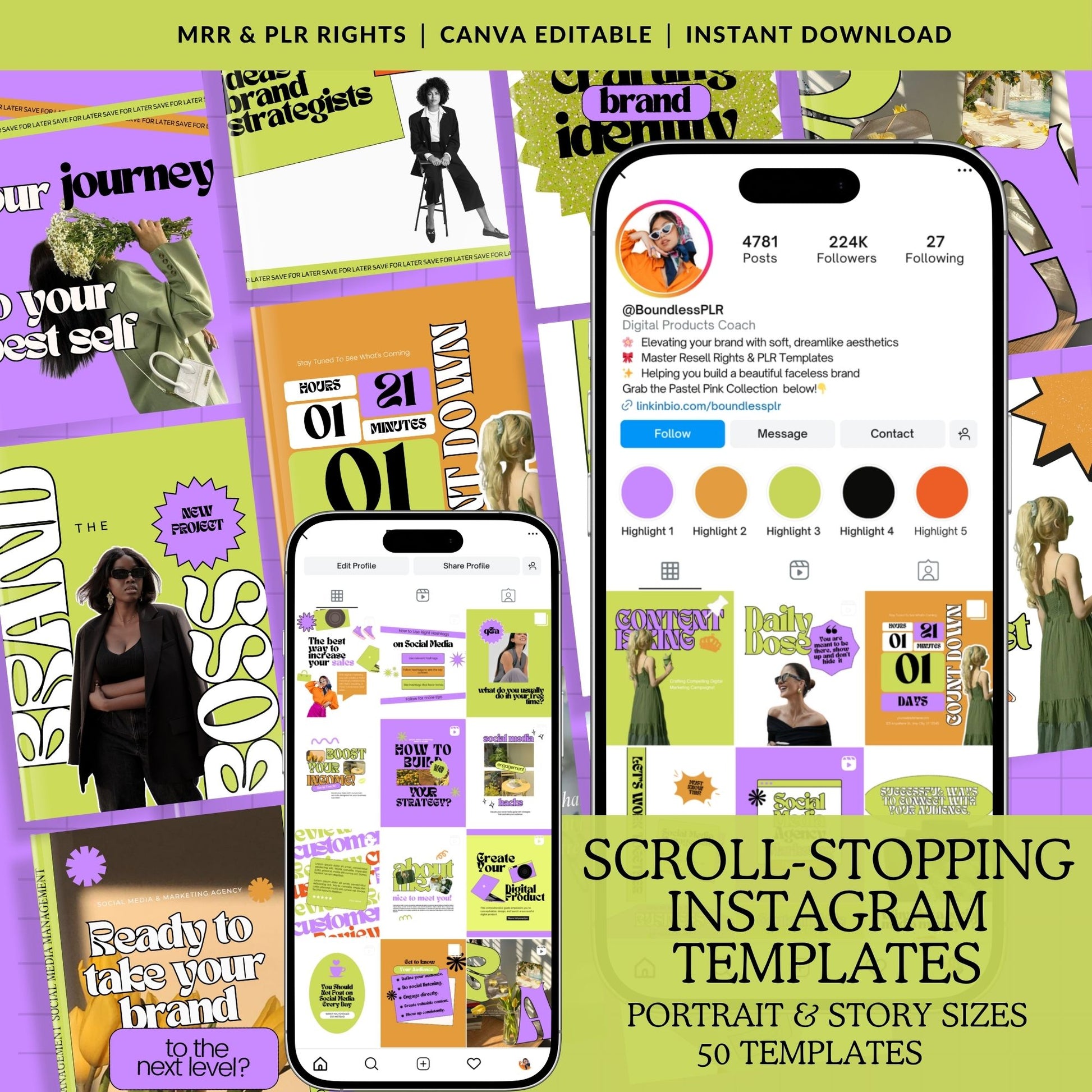 50 Scroll-Stopping Instagram Templates Canva Editable Portrait and Story Sizes with MRR and PLR Rights Instant Download for Digital Marketers and Social Media Managers
