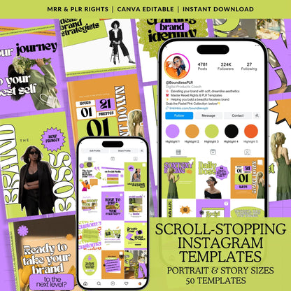 50 Scroll-Stopping Instagram Templates Canva Editable Portrait and Story Sizes with MRR and PLR Rights Instant Download for Digital Marketers and Social Media Managers
