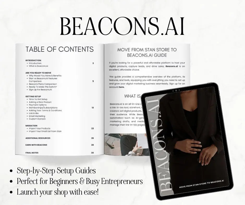 Open book with 'BEACONS.AI' branding and tablet displaying the same branding on a white background