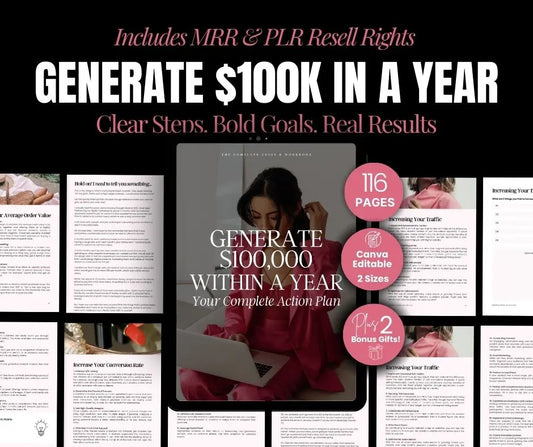 Generate $100K in a Year Action Plan — Canva Editable Template with PLR & MRR Rights Boundless PLR