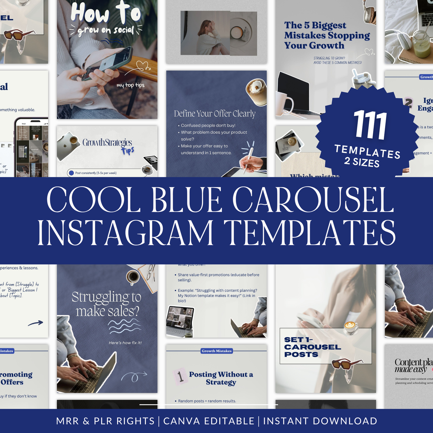 100+ Blue Instagram Carousel Templates, Faceless Marketing, MRR PLR Canva Editable Boundless PLR