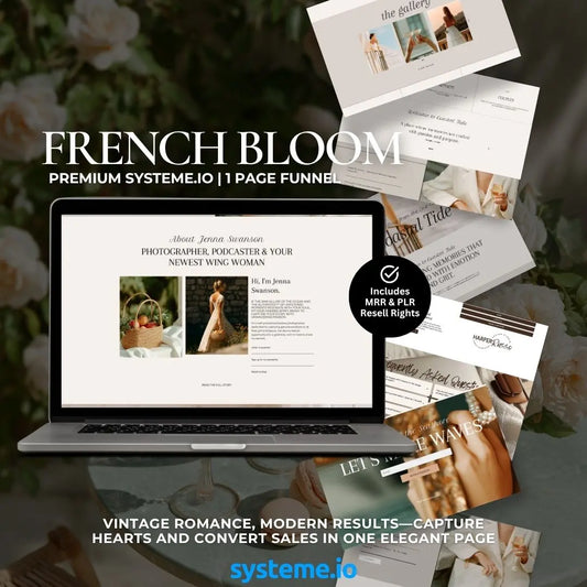 French Bloom Systeme.io Funnel – 1-Page Sales Funnel with MRR & PLR + Canva Mockups Boundless PLR