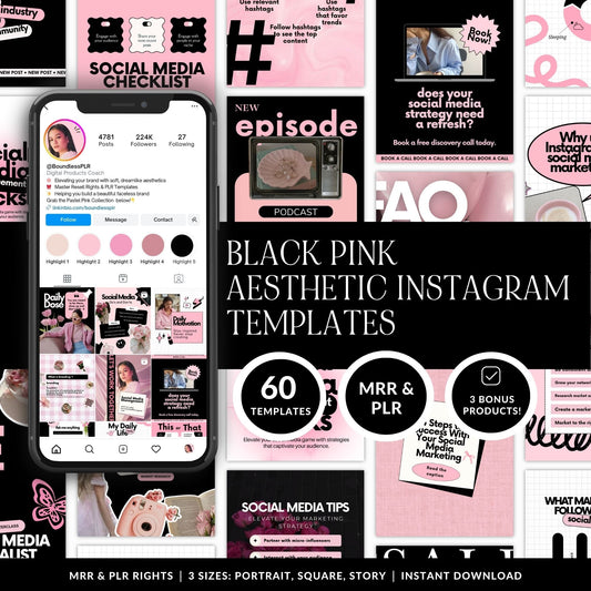 Instagram Templates Canva | Social Media Templates | Black Pink | MRR PLR Digital Products Boundless PLR