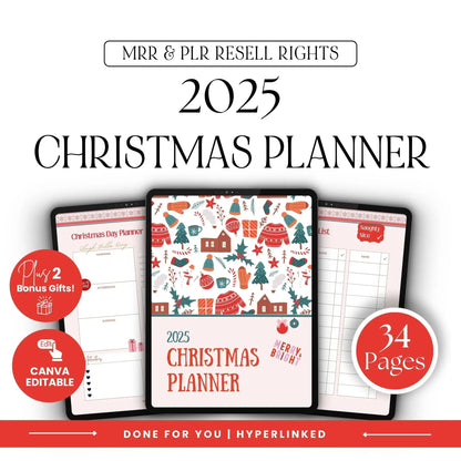 2025 Canva Christmas Planner with PLR and MRR Resell Rights – 34-page editable holiday organizer with bonus gifts and instant download