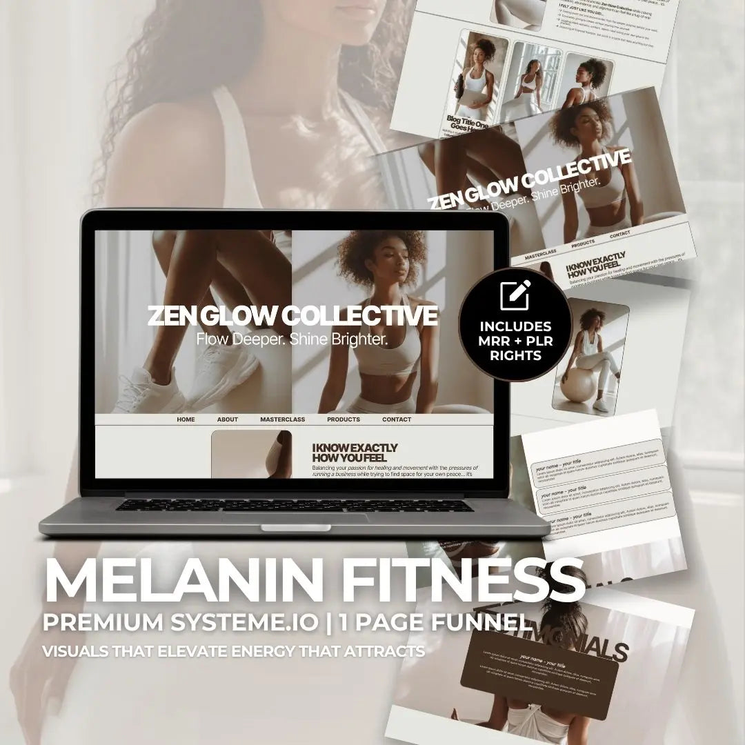 System.io Sales Funnel, Zen Glow Collective Systeme.io Website – Wellness Funnel with MRR, PLR + Bonus Faceless Fitness AI Stock Images Boundless PLR