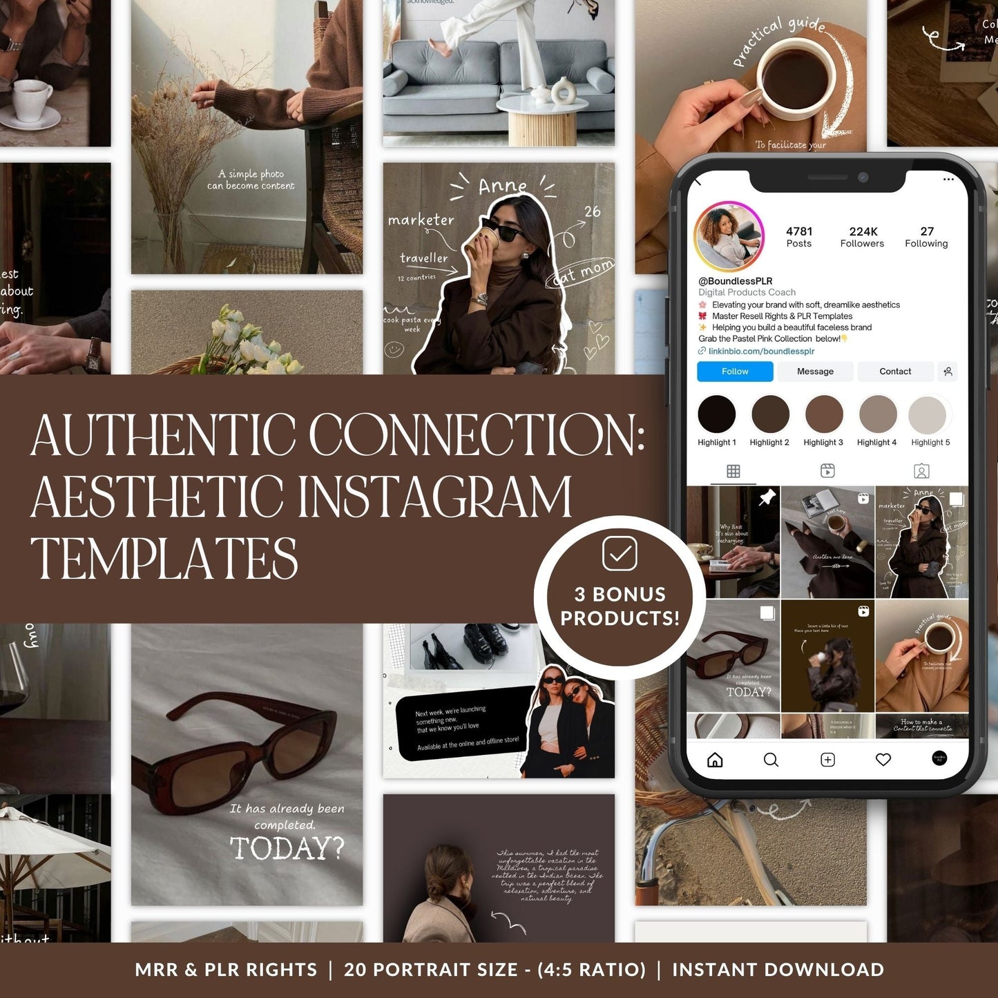 20 brown aesthetic Canva Instagram post templates with MRR and PLR resell rights — portrait size, instant download