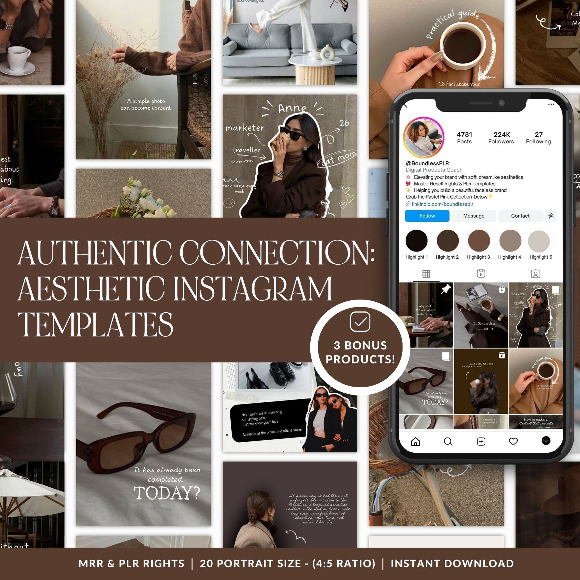 20 brown aesthetic Canva Instagram post templates with MRR and PLR resell rights — portrait size, instant download