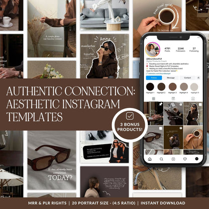 20 brown aesthetic Canva Instagram post templates with MRR and PLR resell rights — portrait size, instant download