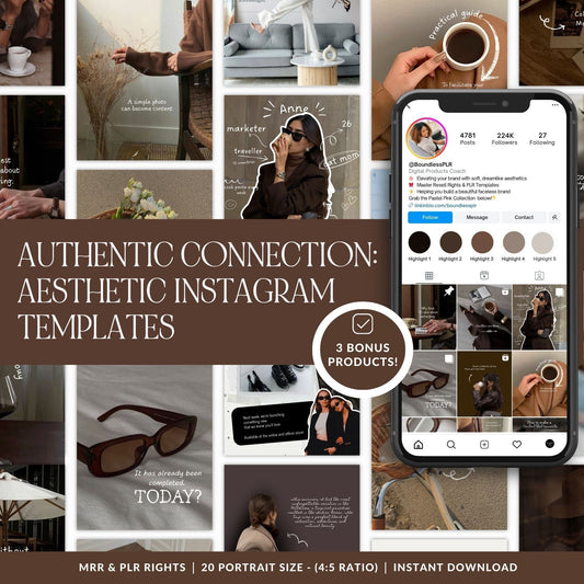 20 brown aesthetic Canva Instagram post templates with MRR and PLR resell rights — portrait size, instant download