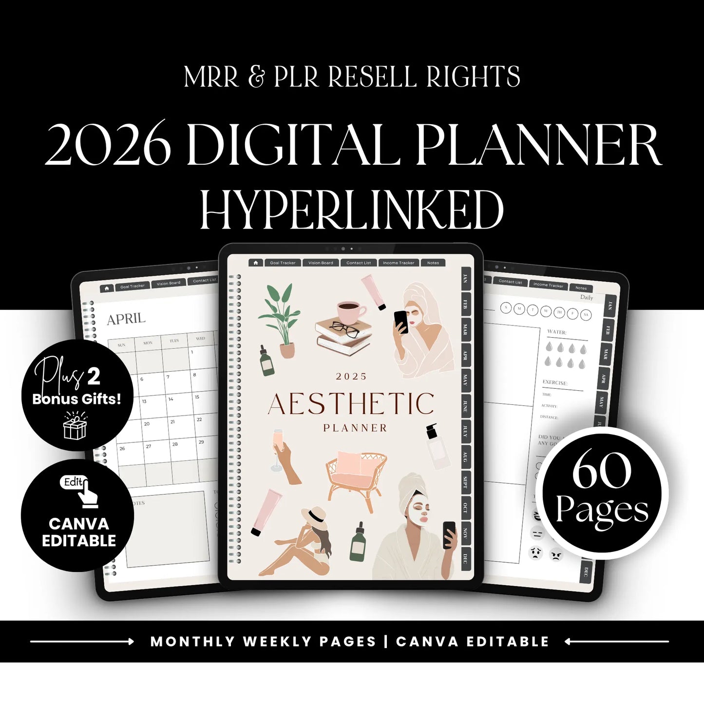 MRR PLR 2026 Planner Plr Digital Planner With Hyperlinks | Aesthetic Planner Calendar | Canva Template Boundless PLR