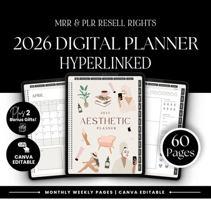MRR PLR 2026 Planner Plr Digital Planner With Hyperlinks | Aesthetic Planner Calendar | Canva Template Boundless PLR