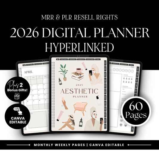MRR PLR 2026 Planner Plr Digital Planner With Hyperlinks | Aesthetic Planner Calendar | Canva Template Boundless PLR
