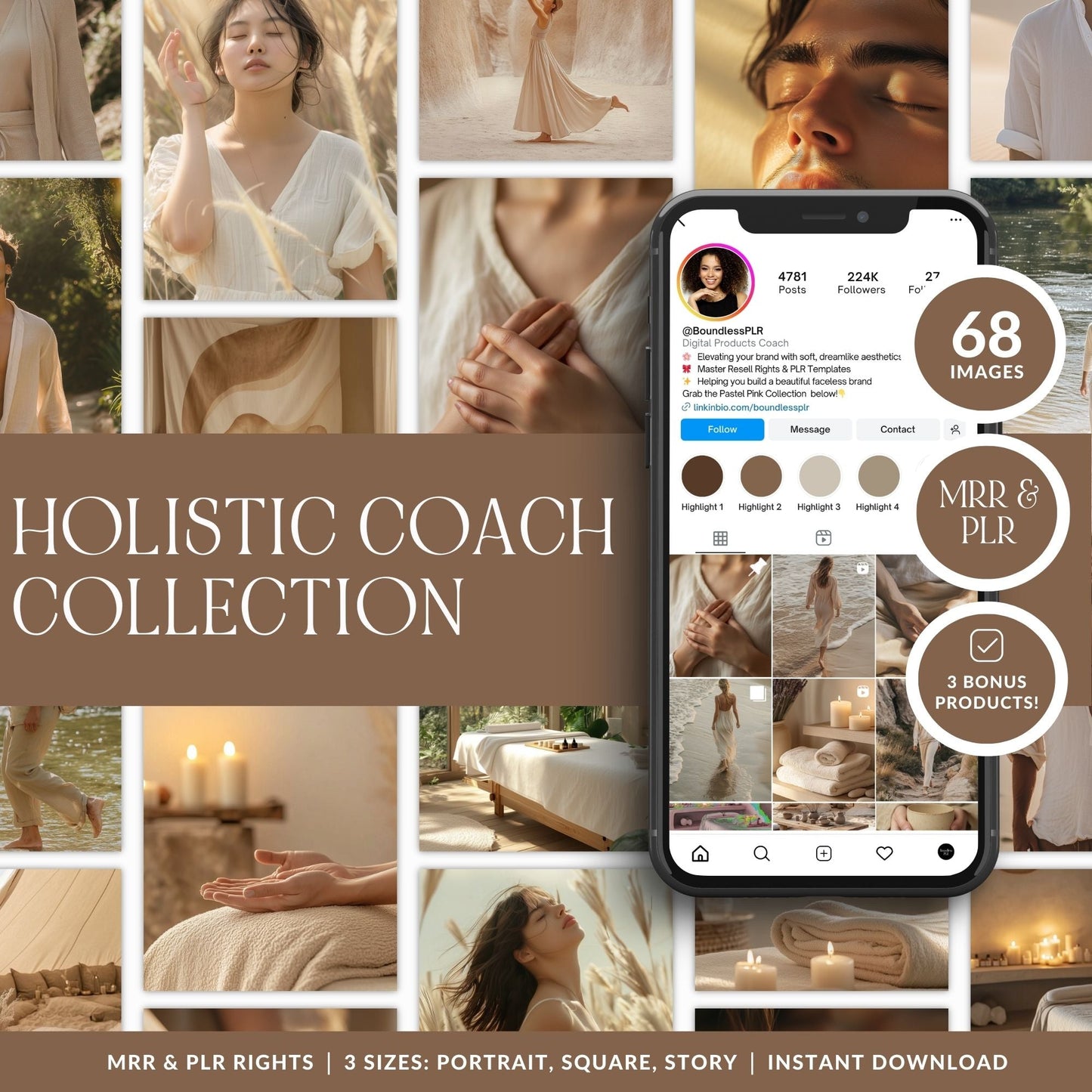 Holistic AI Stock Images Bundle for Instagram | 68 Neutral Wellness Images | PLR + MRR Resell Rights Boundless PLR