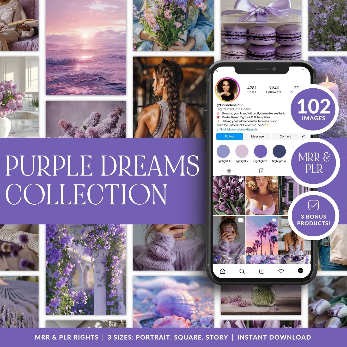 Purple Stock Images | AI Stock Photos | Aesthetic Images for Social Media | Square, Portrait, & Story Sizes | MRR & PLR Resell Rights Boundless PLR