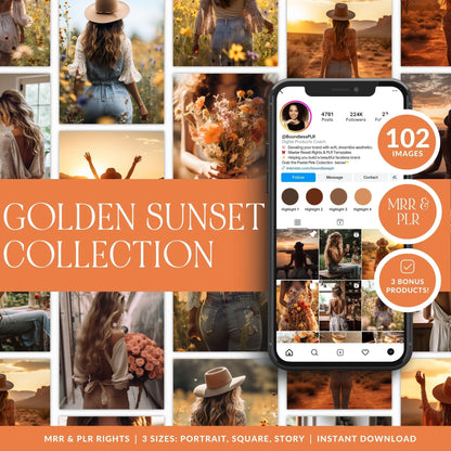 Golden Sunset AI Stock Images | 102 Aesthetic Lifestyle Photos | Canva | MRR PLR Digital Products Boundless PLR
