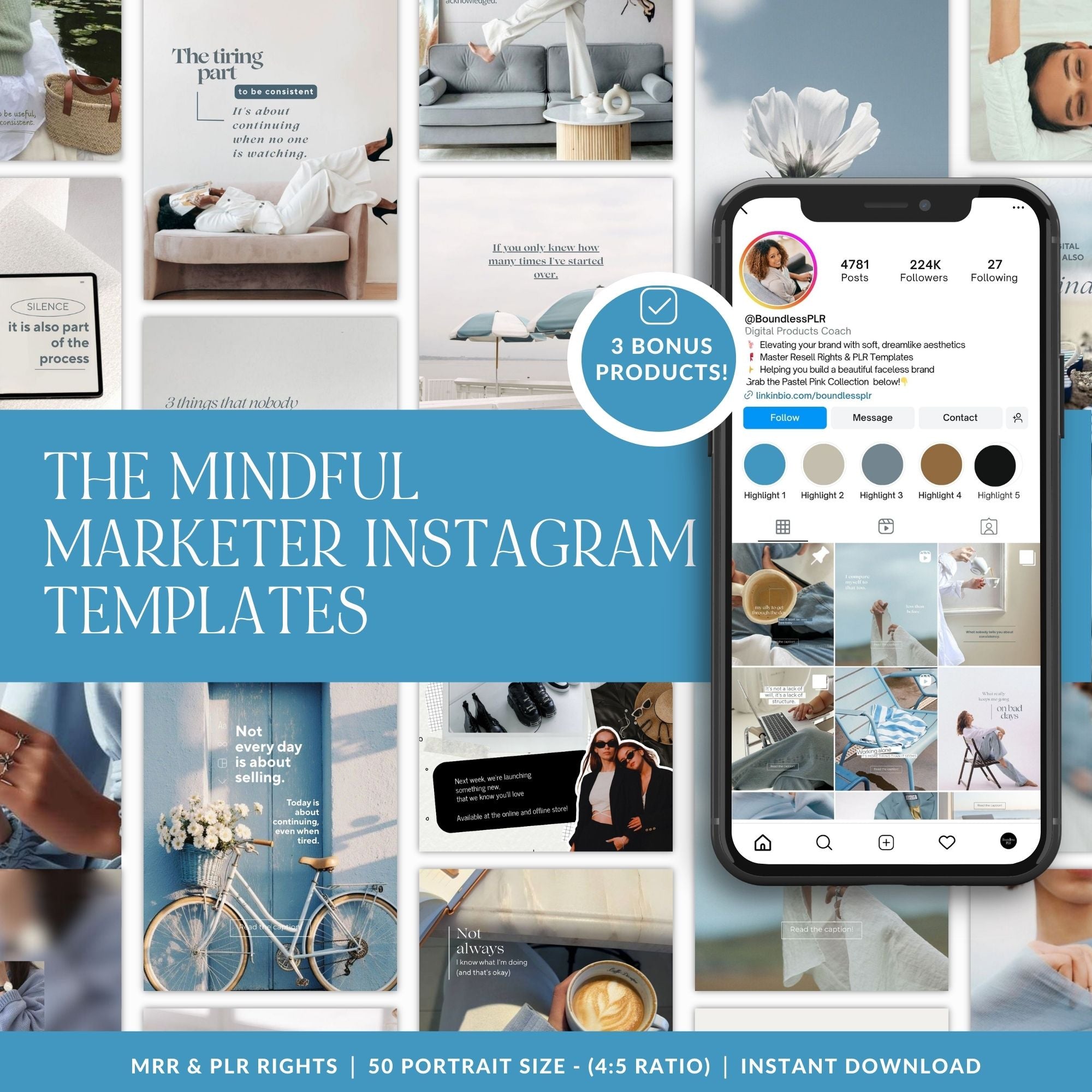 The Mindful Marketer: 50 Strategic Instagram Portrait Templates (MRR & PLR) Boundless PLR