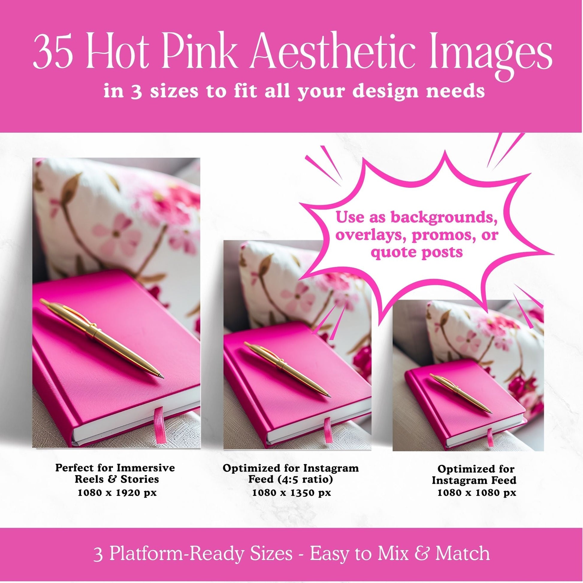 Pink Stock Photos Bundle (Hot Pink Aesthetic) | 35 Images | Canva Download | 3 Sizes Boundless PLR