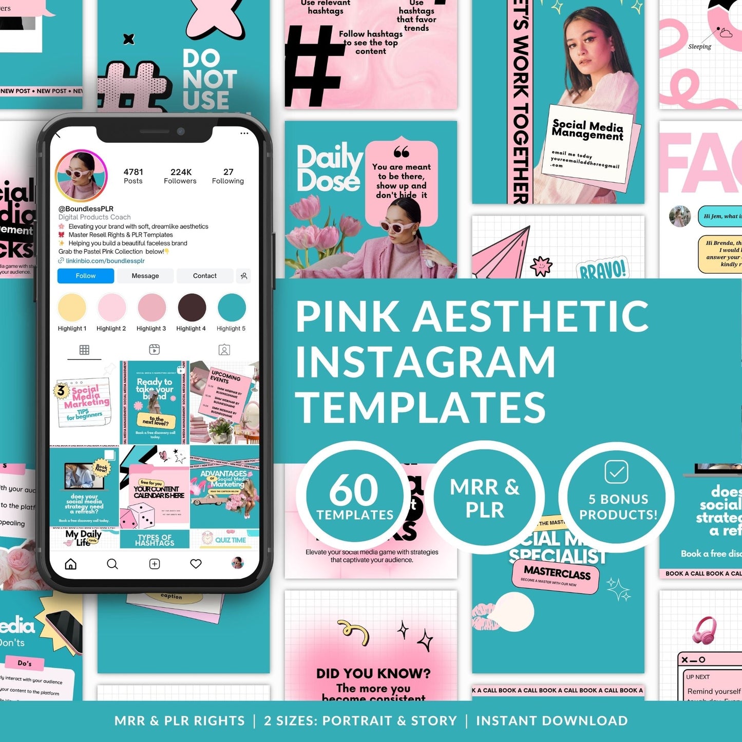 Social Media Management Templates | 60 Editable Canva Instagram Posts | MRR & PLR Resell Rights Boundless PLR