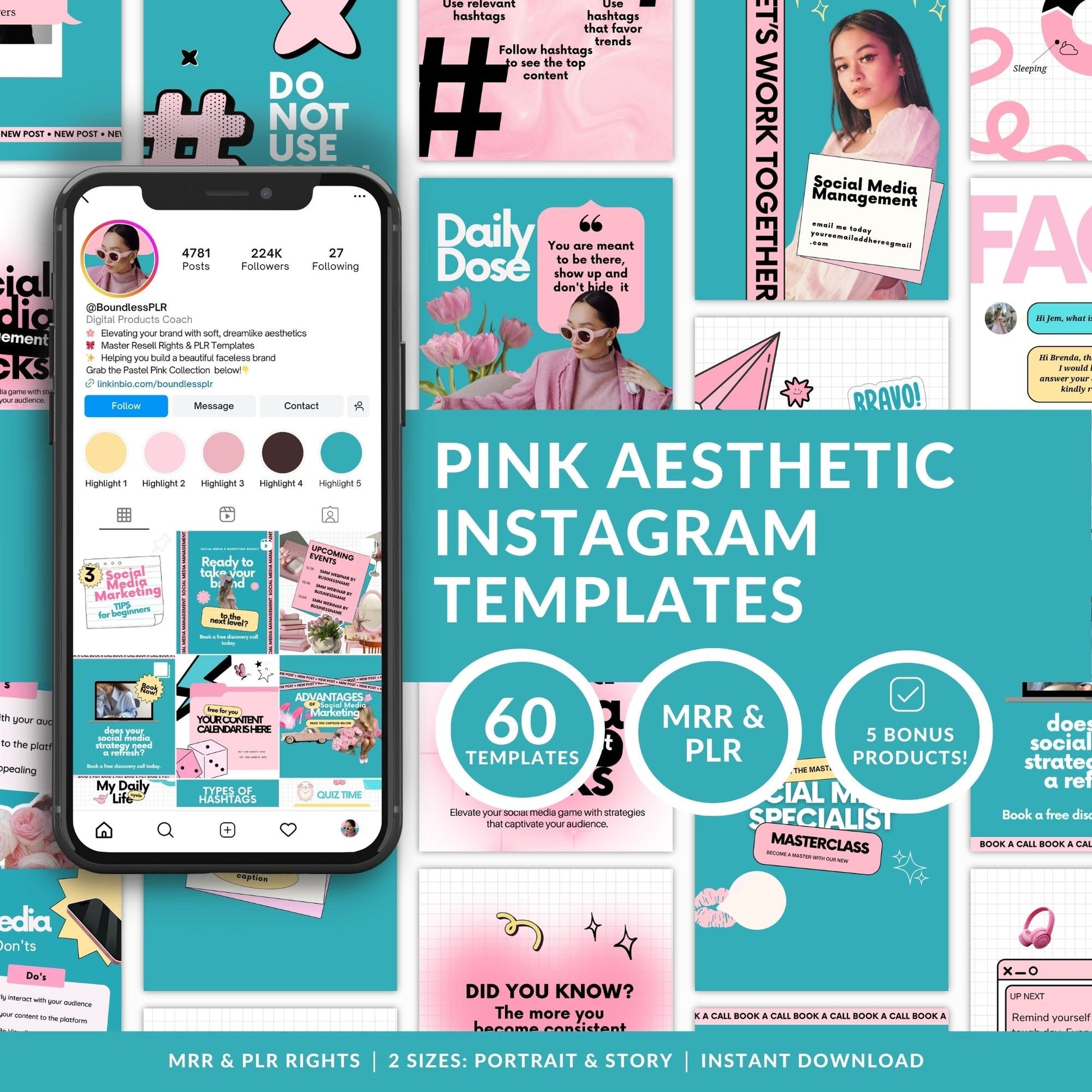 Social Media Management Templates | 60 Editable Canva Instagram Posts | MRR & PLR Resell Rights Boundless PLR