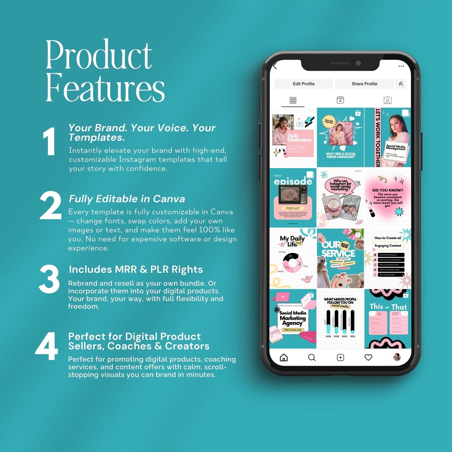 Social Media Management Templates | 60 Editable Canva Instagram Posts | MRR & PLR Resell Rights Boundless PLR