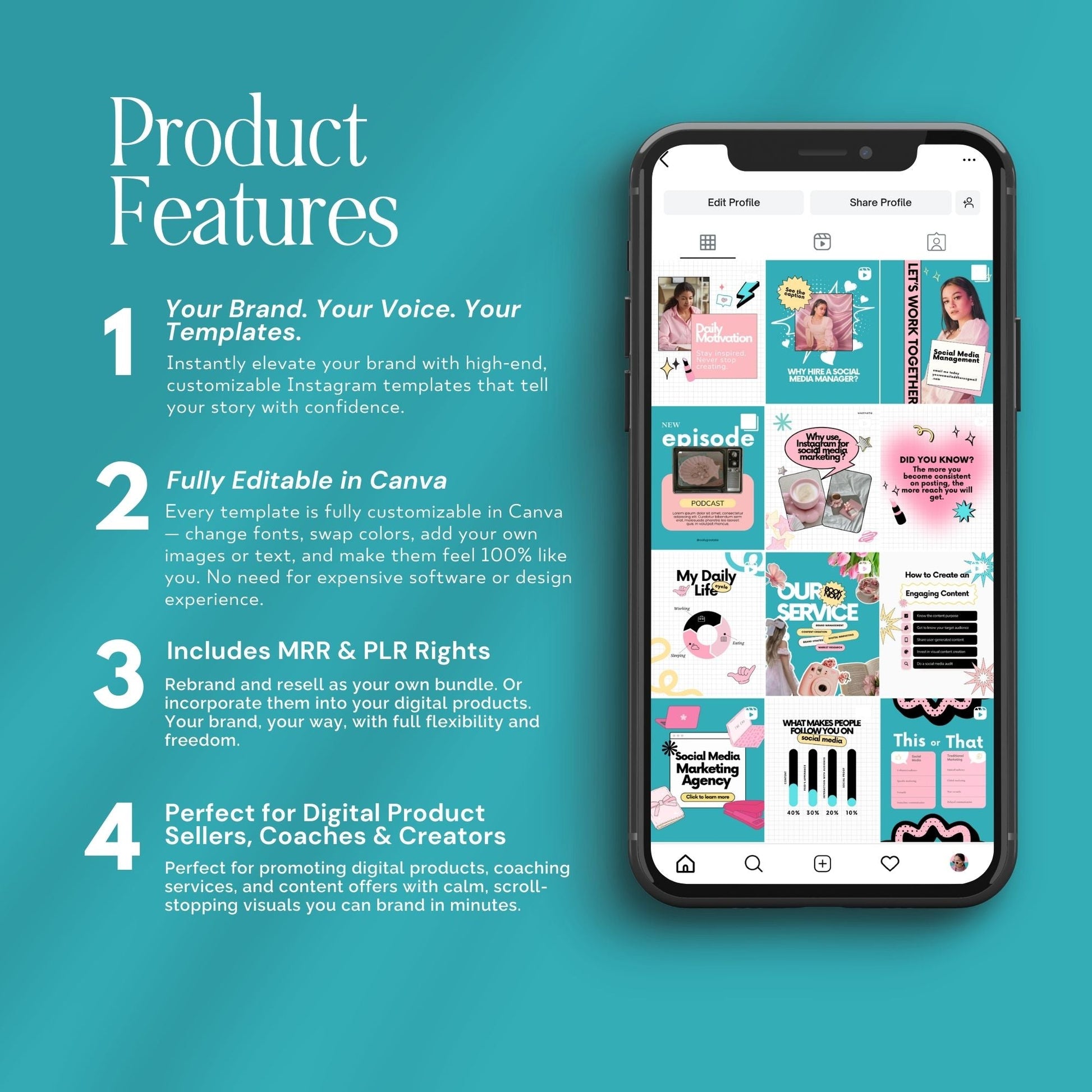 Social Media Management Templates | 60 Editable Canva Instagram Posts | MRR & PLR Resell Rights Boundless PLR