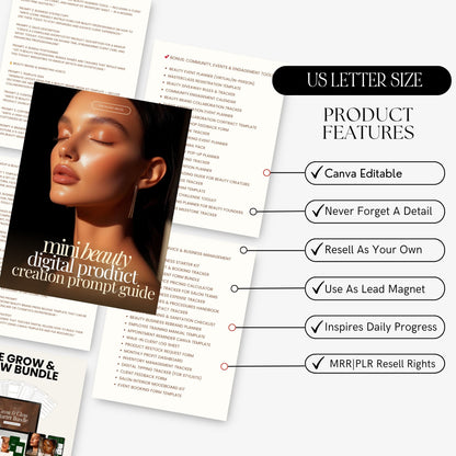 Beauty Digital Product Ideas + Prompts Bundle (300) | Canva Editable | PLR + MRR Resell Rights