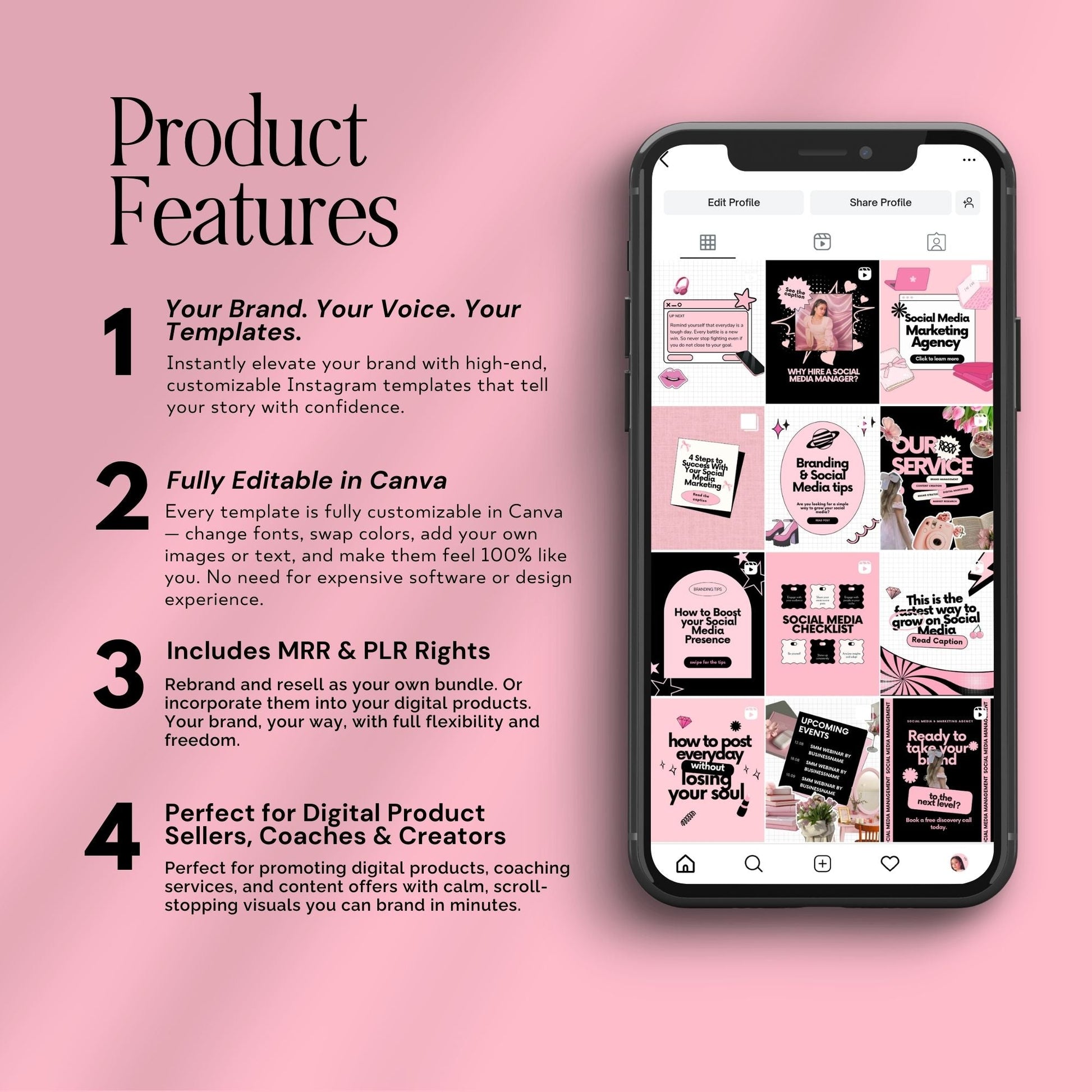 Instagram Templates Canva | Social Media Templates | Black Pink | MRR PLR Digital Products Boundless PLR