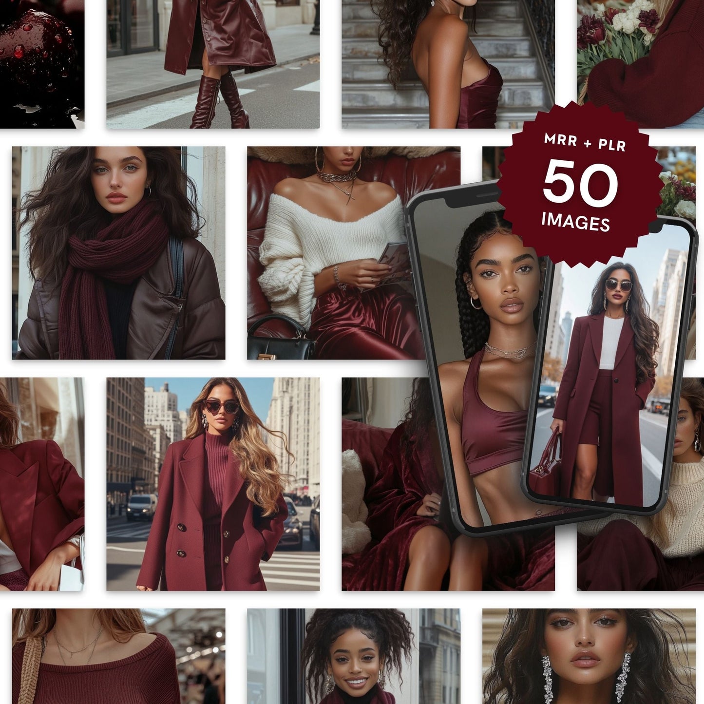 Burgundy Boss Aesthetic – 100 Burgundy AI Images (50 Square + 50 Story) | MRR + PLR Resell Rights + Bonuses Boundless PLR