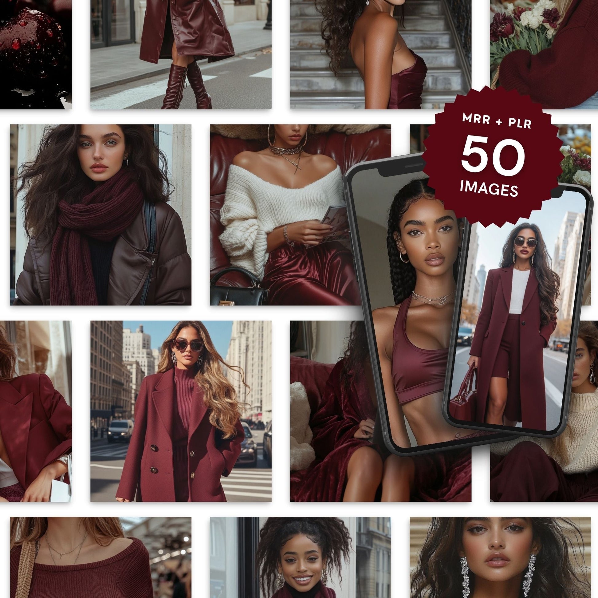 Burgundy Boss Aesthetic – 100 Burgundy AI Images (50 Square + 50 Story) | MRR + PLR Resell Rights + Bonuses Boundless PLR