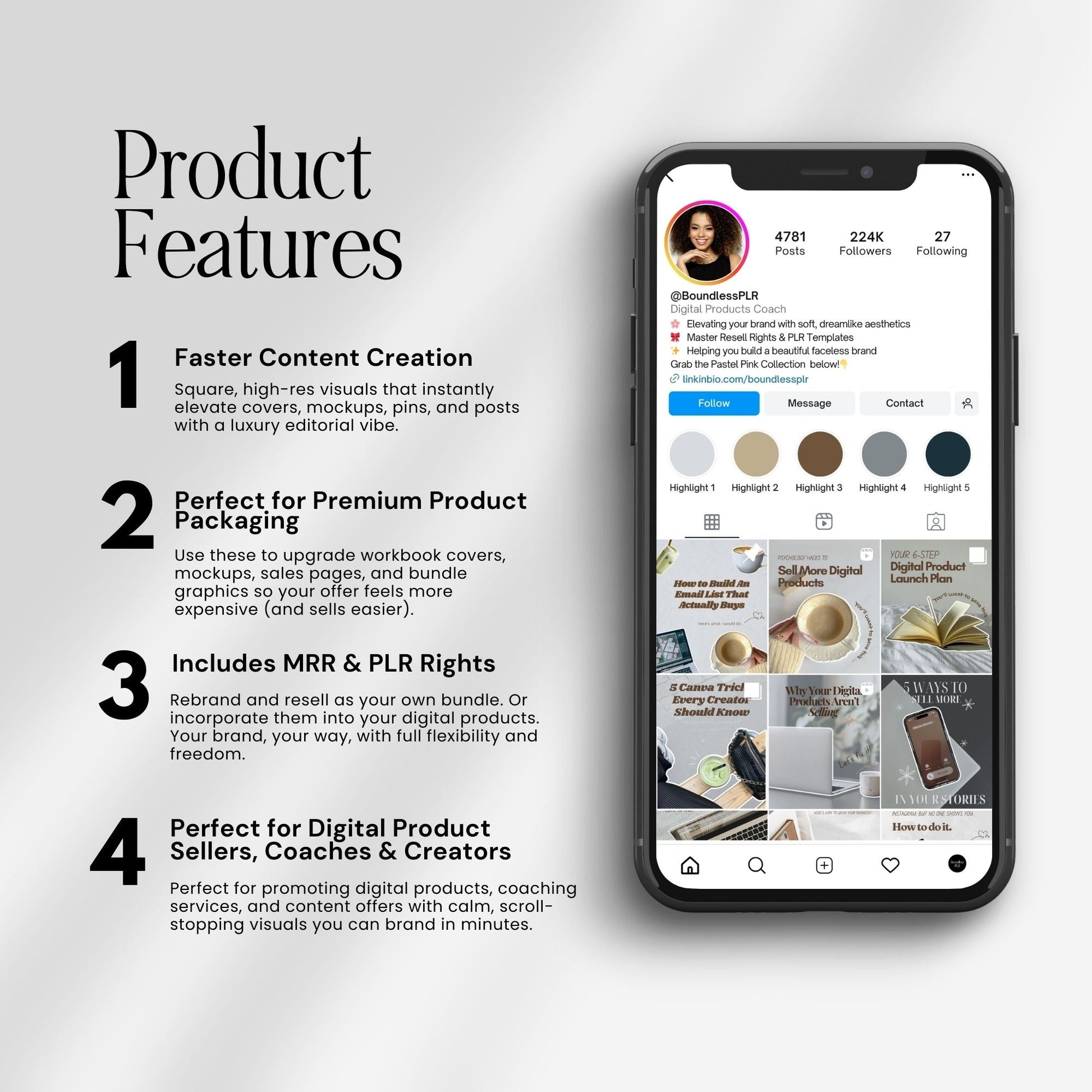 Instagram Templates Canva | Coaching Instagram | 400+ Bonus Stickers & Grid Planners | MRR + PLR Resell Rights Boundless PLR