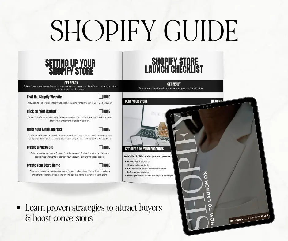 iPad displaying a Shopify guide on setting up a store and launch checklist.
