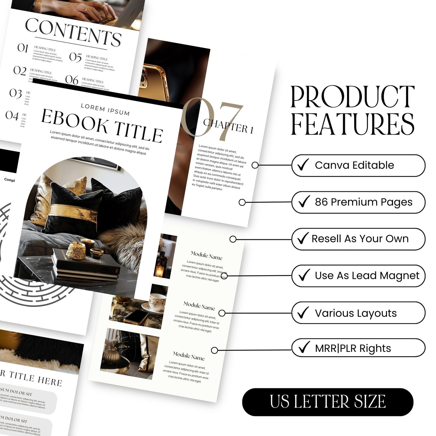 Canva eBook Template (Luxe Editorial) + Workbook & Guide Layouts | MRR + PLR + Bonus Black & Gold Stock Photos Boundless PLR