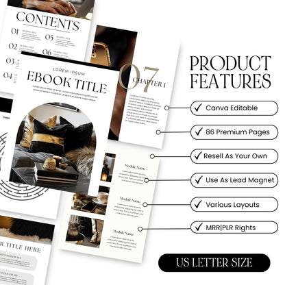 Canva eBook Template (Luxe Editorial) + Workbook & Guide Layouts | MRR + PLR + Bonus Black & Gold Stock Photos Boundless PLR
