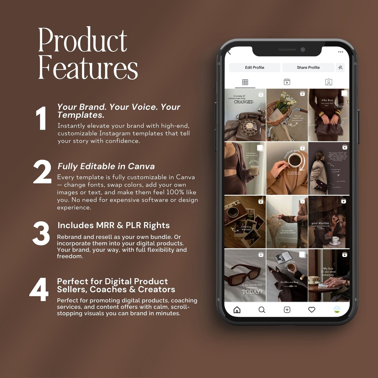 PLR Instagram Templates, 20 Brown Aesthetic Posts, Digital Products with MRR, Canva Editable Boundless PLR