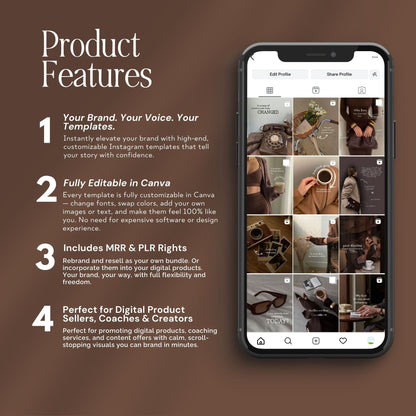 PLR Instagram Templates, 20 Brown Aesthetic Posts, Digital Products with MRR, Canva Editable Boundless PLR