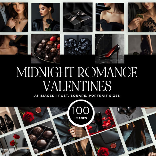 Valentine Stock Photos (100) | Midnight Romance Valentines AI Images | 3 Sizes: Post, Story, Portrait | MRR + PLR