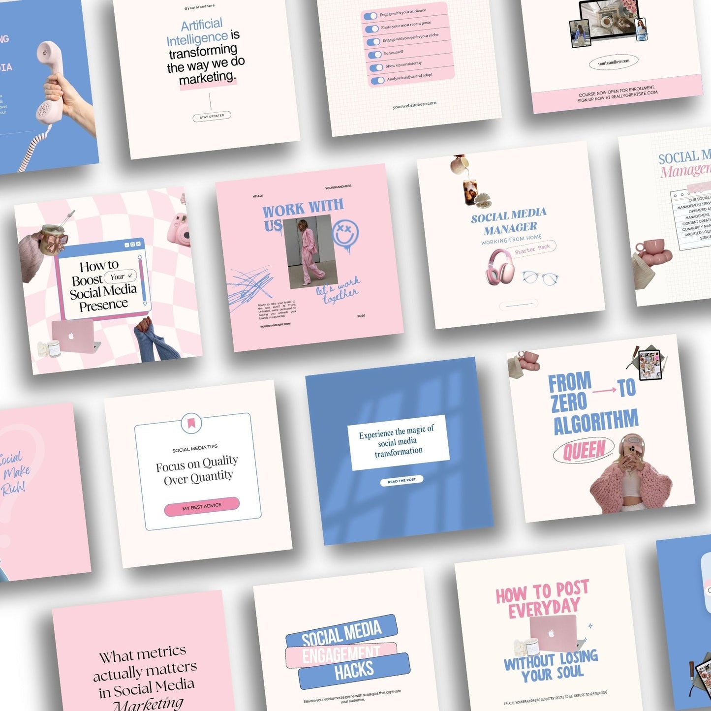 Pink & Blue Instagram Templates Pack (Canva Editable) | 50 Designs, 3 Sizes | MRR + PLR + Bonuses Boundless PLR