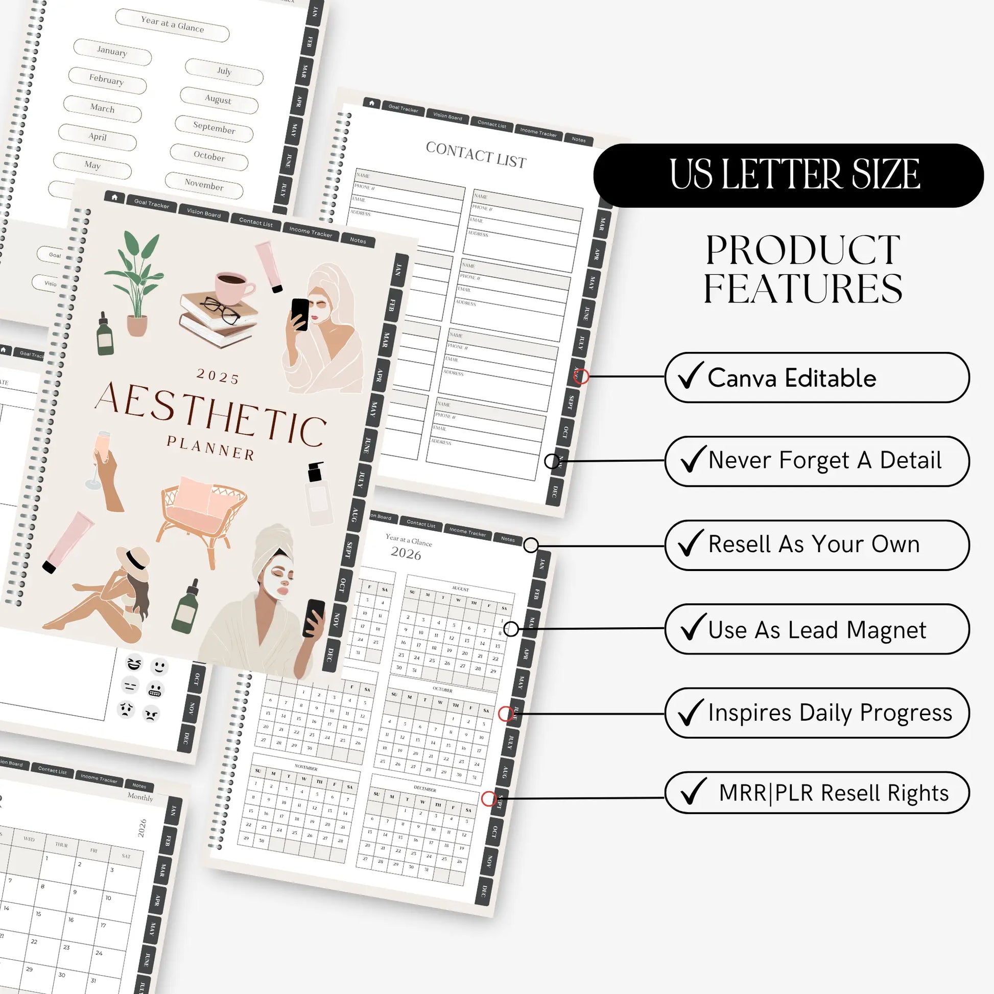 MRR PLR 2026 Planner Plr Digital Planner With Hyperlinks | Aesthetic Planner Calendar | Canva Template Boundless PLR