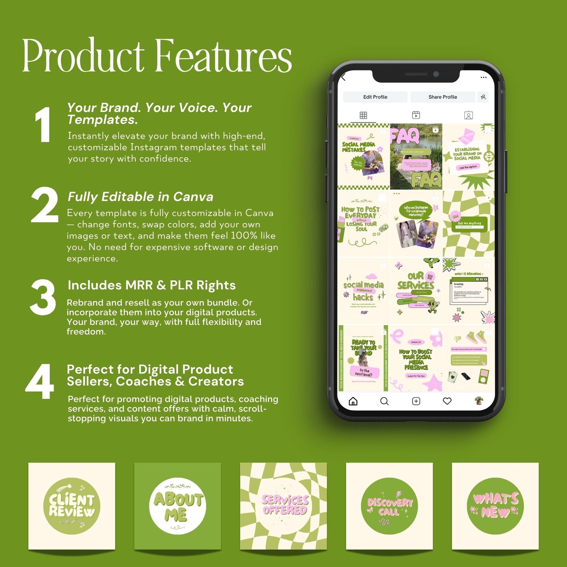 Animated Matcha Green Instagram Templates, Canva MRR PLR Business Social Media Kit, Mint Aesthetic Boundless PLR