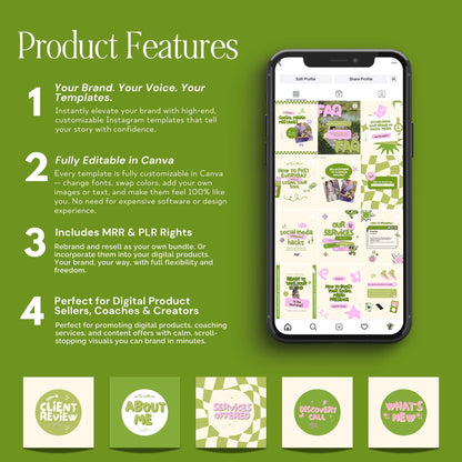 Animated Matcha Green Instagram Templates, Canva MRR PLR Business Social Media Kit, Mint Aesthetic Boundless PLR