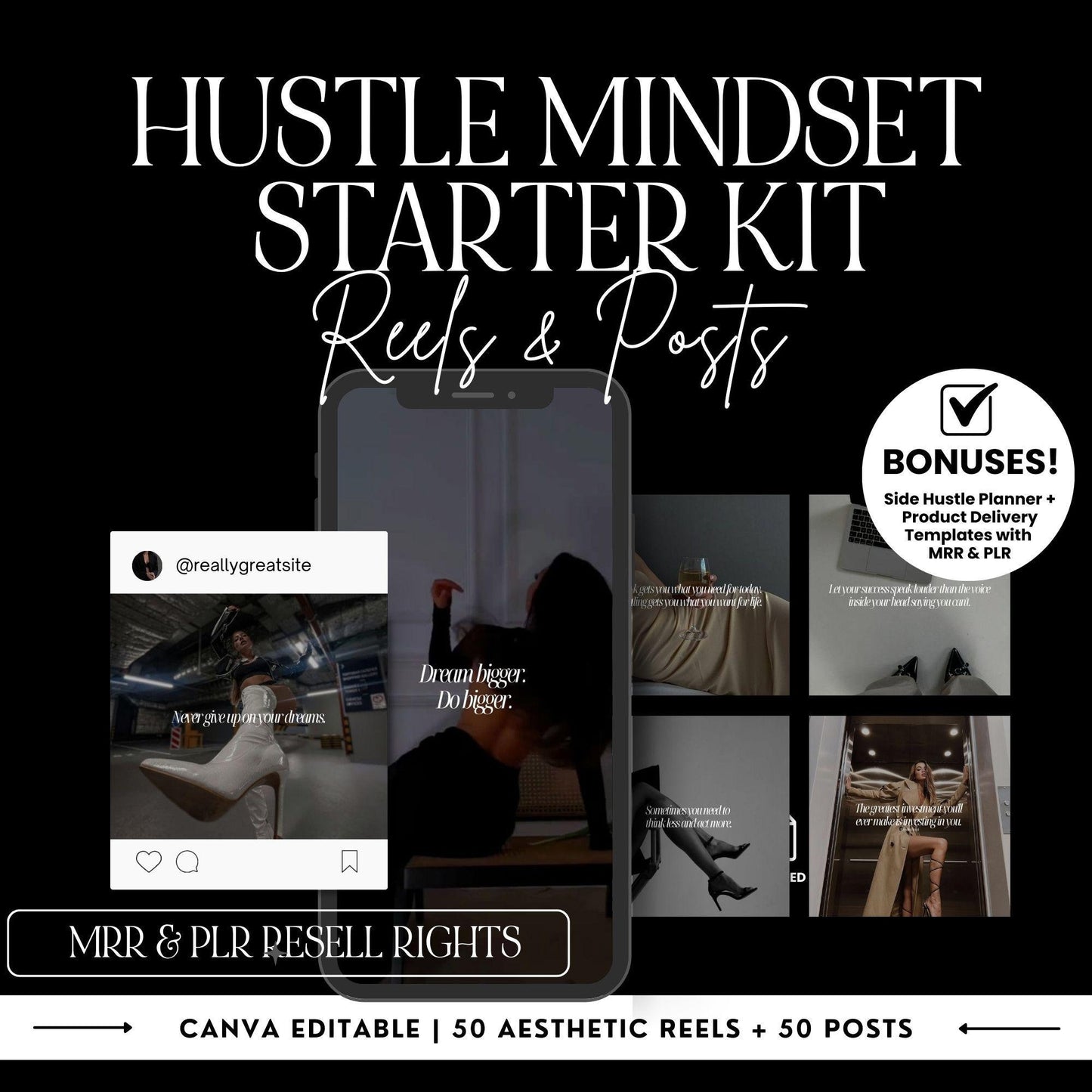 Hustle Mindset Starter Kit image showcasing 50 aesthetic Instagram Reels, posts with MRR & PLR Rights