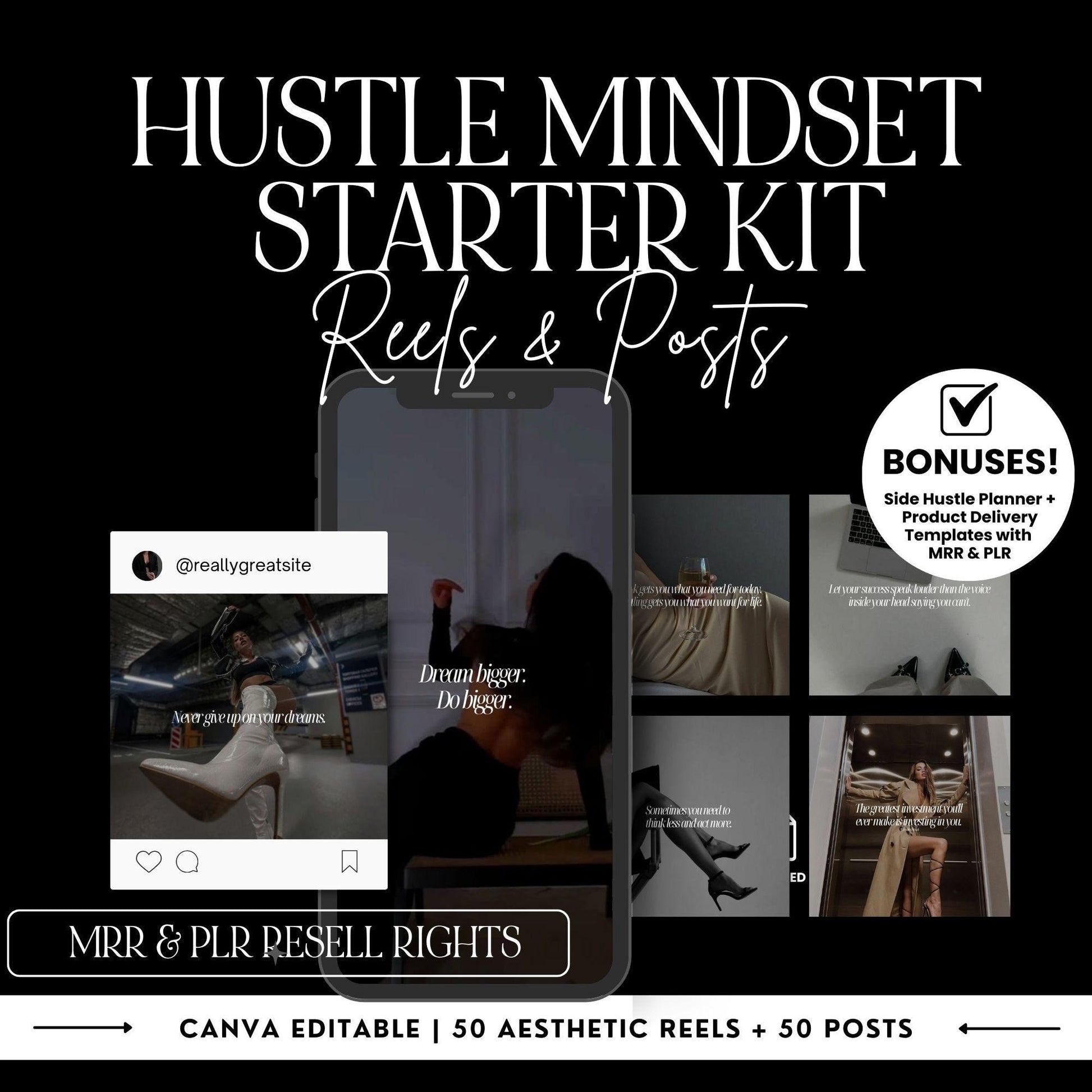 Hustle Mindset Starter Kit image showcasing 50 aesthetic Instagram Reels, posts with MRR & PLR Rights