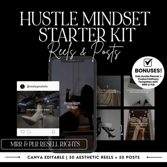 Hustle Mindset Starter Kit image showcasing 50 aesthetic Instagram Reels, posts with MRR & PLR Rights