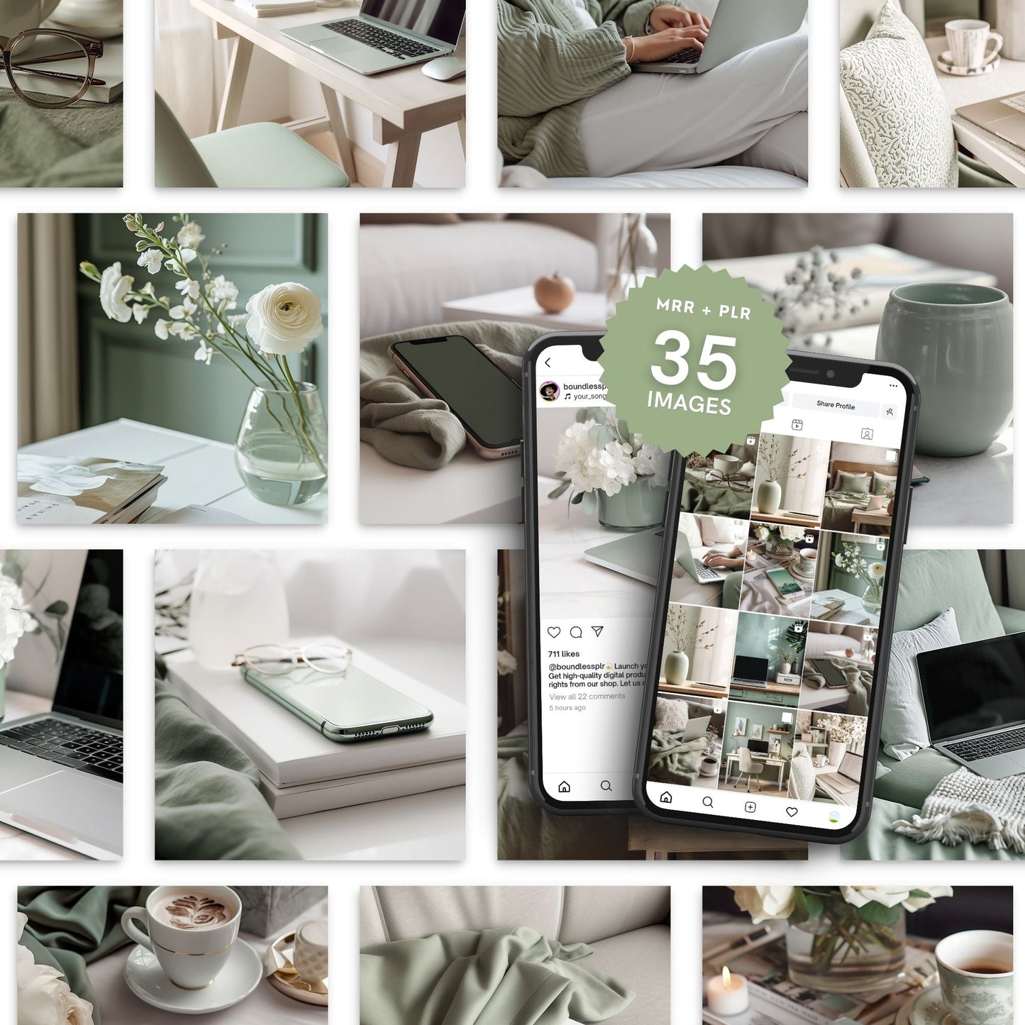 Sage Green Photo Pack (35 Canva Images) + MRR/PLR Resell Rights | 3 Sizes Boundless PLR