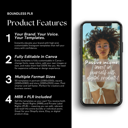 Motivational Instagram Posts, Stories, & Portraits, Empowering Women Canva Templates, Editable Social Media Bundle, PLR + MRR Resell Rights Boundless PLR