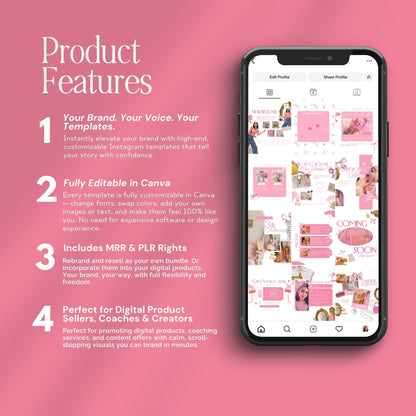 Pink Coquette Aesthetic Instagram Templates, Canva Editable Small Social Media Bundle for Small Business, MRR PLR Digital Product Boundless PLR