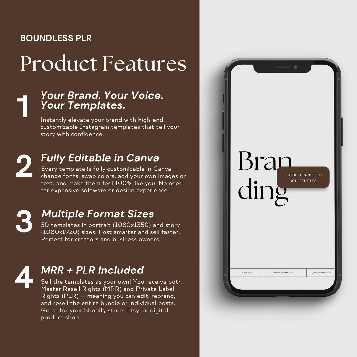 Canva Editable Instagram Templates | MRR Marketing | Vertical Brown Social Media Bundle (1080x1350 + 1080x1920) | PLR & MRR Resell Rights Boundless PLR